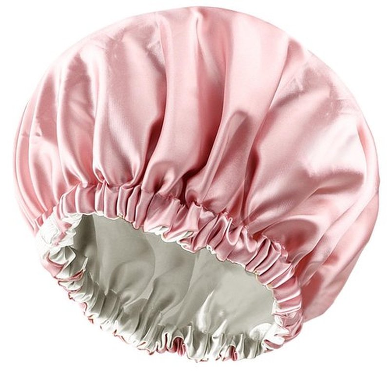 Amamba Shower Cap,100% Real Satin Lined Shower Cap,Extra Large Shower Cap for Women Reusable Waterproof,Adjustable Size&Long Hair Bath Caps（Pink）
