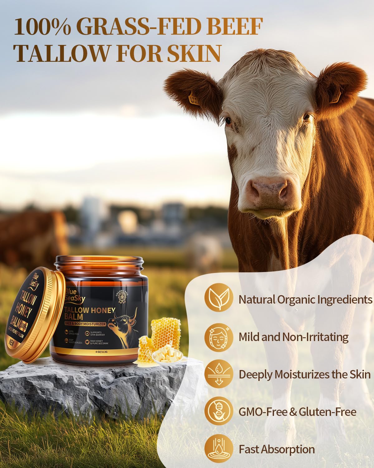 BlueSeaSky Whipped Beef Tallow for Skin with Raw Honey Balm 4/OZ Unscented