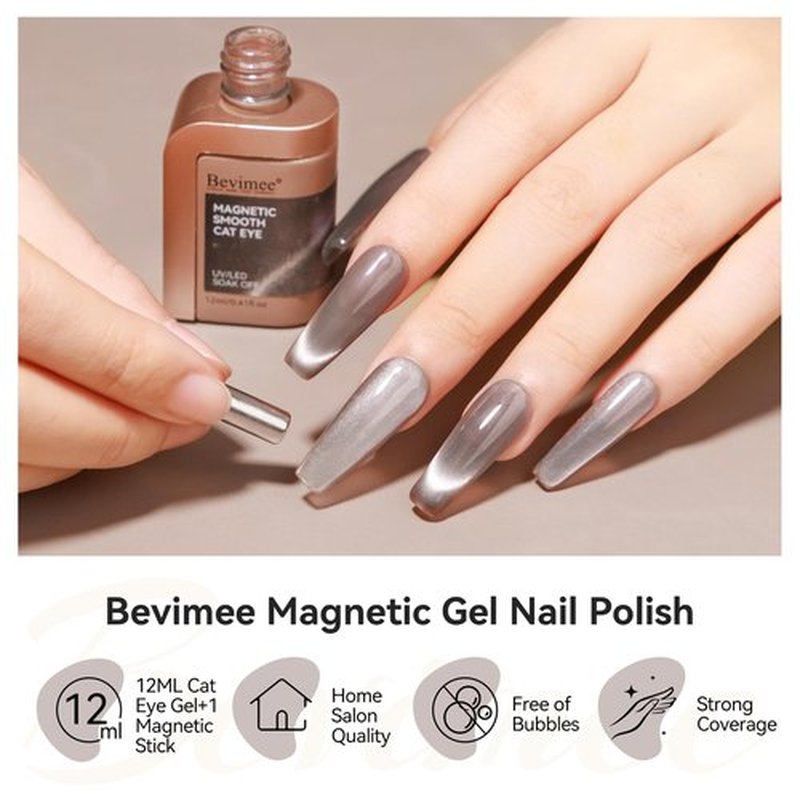 Bevimee Cat Eye Gel Nail Polish 12ML, Crystal Moonlight Cateye Gel Polish With Magnetic Stick, Magnetic Glitter Holographic Nail Polish Glass Diamond Cats Eye Velvet UV Gel for Nail Art Gray 1PC