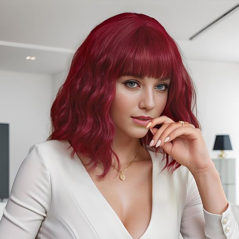 MUPUL Wed Wig Short Wavy Bob Wigs for Women With Bangs Shoulder Length Synthetic Cosplay Party Wig for Girls Daily Use Colorful Wigs
