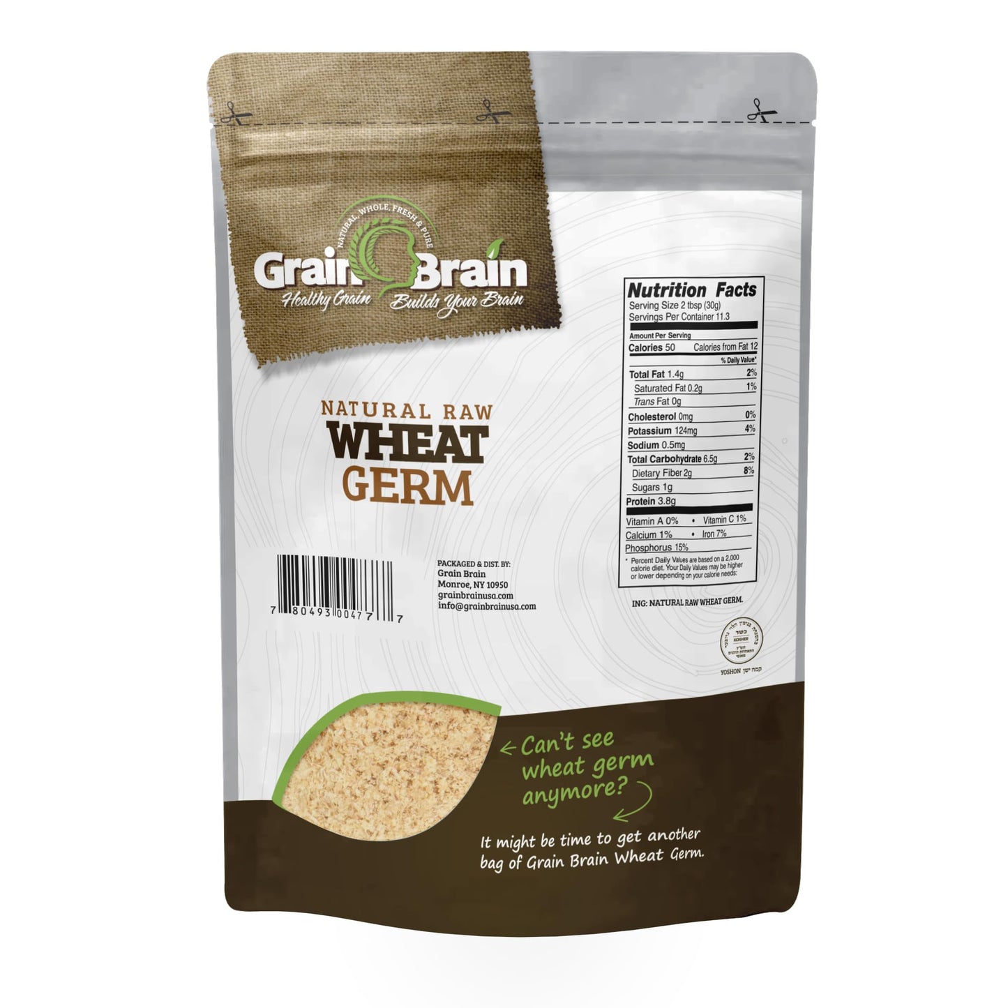 Grain Brain Wheat Germ 12 oz (12 oz) Raw, All natural, Untoasted. Packaged in Resealable Pouch bags for easy use