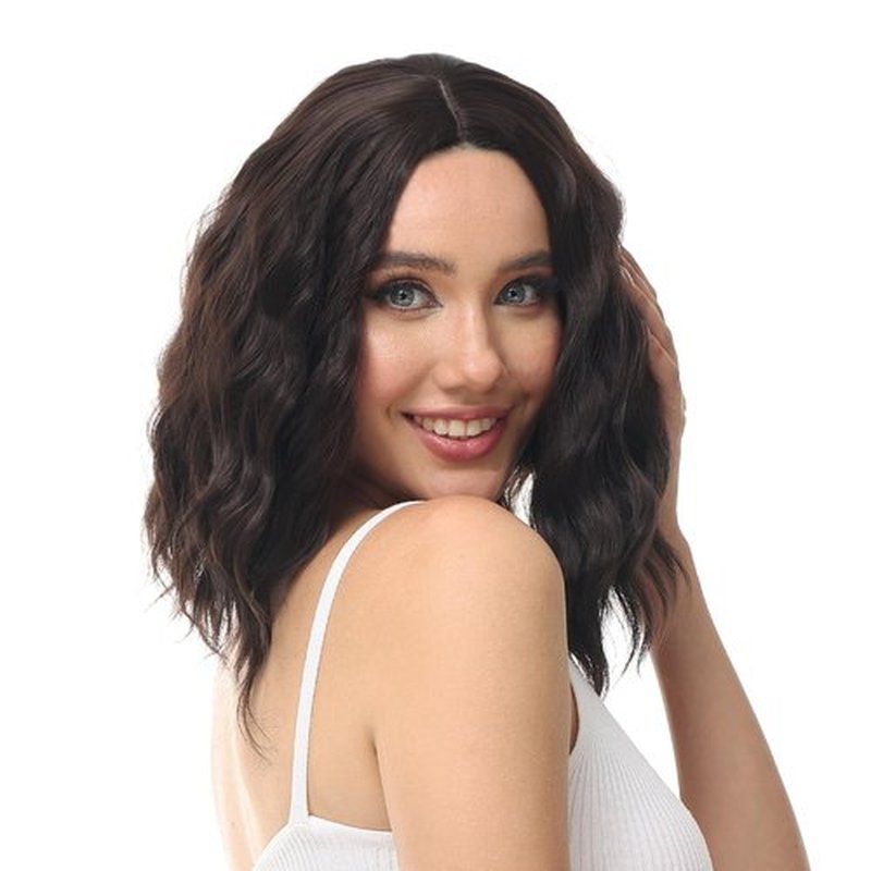 Rose bud Wavy Bob Wig Natural Wig Dark Brown Synthetic Hair Shoulder Length Short Curly Middle Part Lace Front Wigs for Women