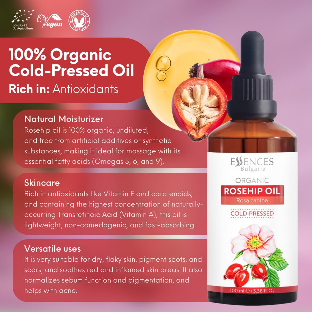 Essences Bulgaria Organic Rosehip Oil 3.4 Fl Oz | 100ml | 100% Natural Cold-Pressed Oil | Therapeutic Quality | Family Owned Farm | Massage Base Oil | Natural Moisturizer | Ideal Carrier Oil