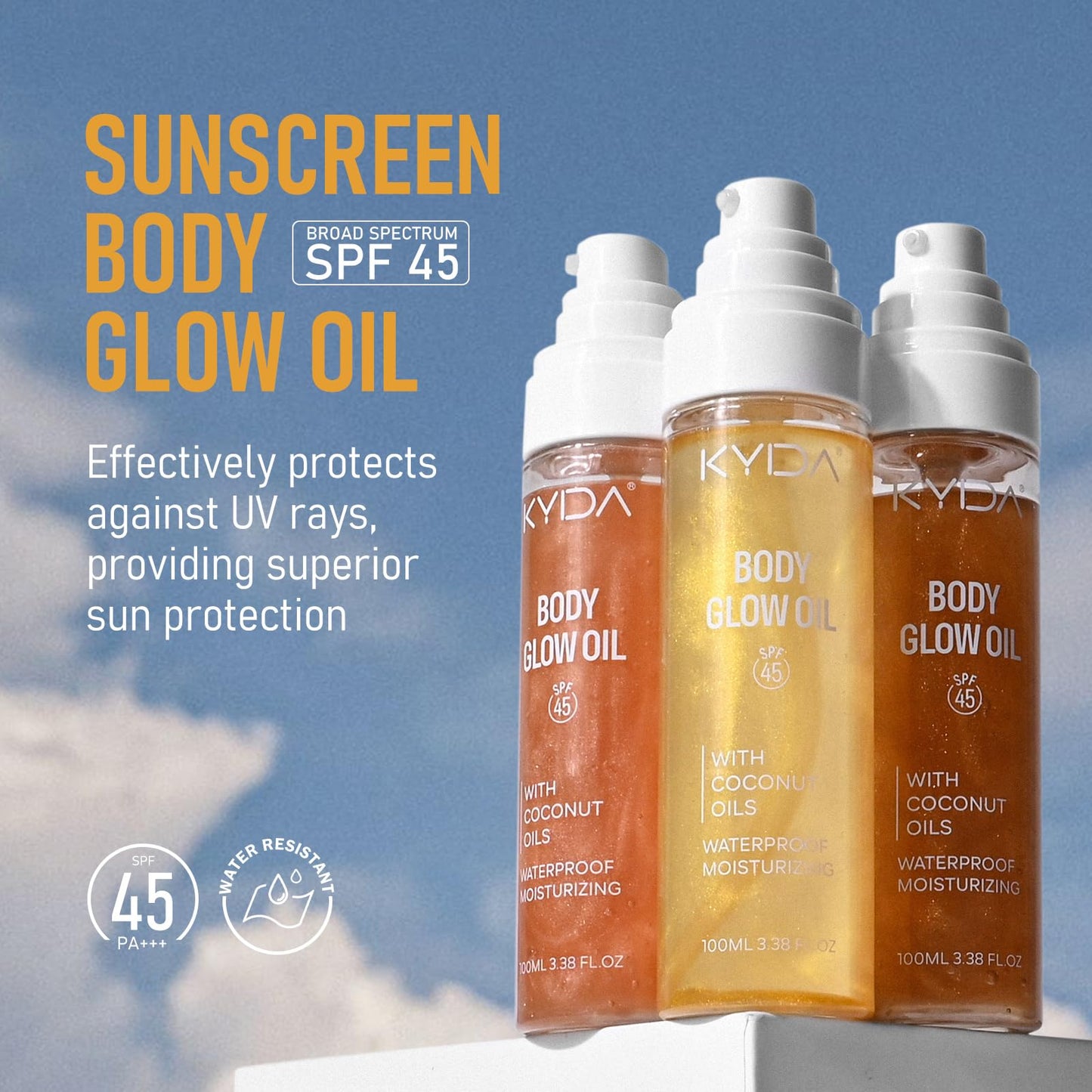 FREEORR Sunscreen Body Glow Oil, Broad Spectrum SPF 45, Lightweight Waterproof Moisturizing Coconut Shimmer Oil with Gold Mica, Travel Size Summer Sunscreen Skin Illuminator-GOLD, 3.38 fl oz