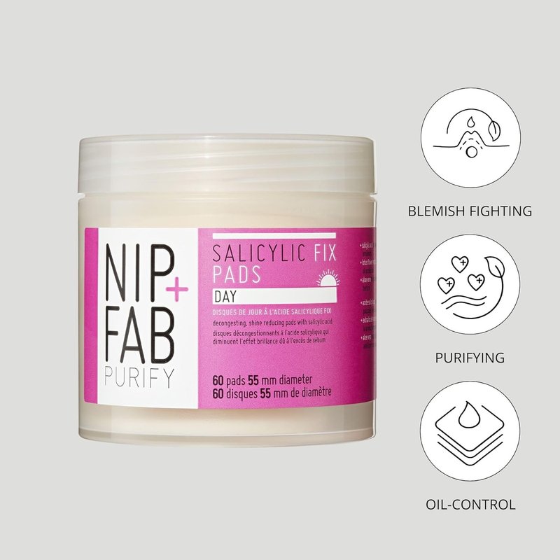Nip + Fab Salicylic Acid Fix Day Pads - Exfoliating Facial Pads for Acne & Pore Refinement | 60 Pads, 2.7 oz