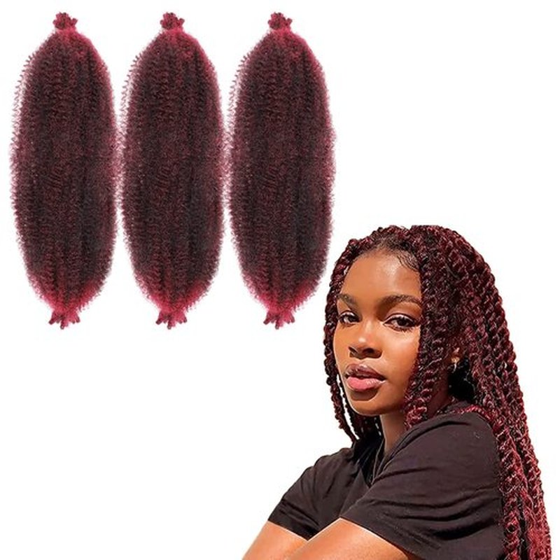IXIMII 16 Inch Burgundy Springy Afro Twist Hair 3 Packs Red Pre-Separated Kinky Marley Twist Braiding Hair Soft Pre-Fluffed Synthetic Crochet Hair Extensions for Spring Twists Bomb Twists Style