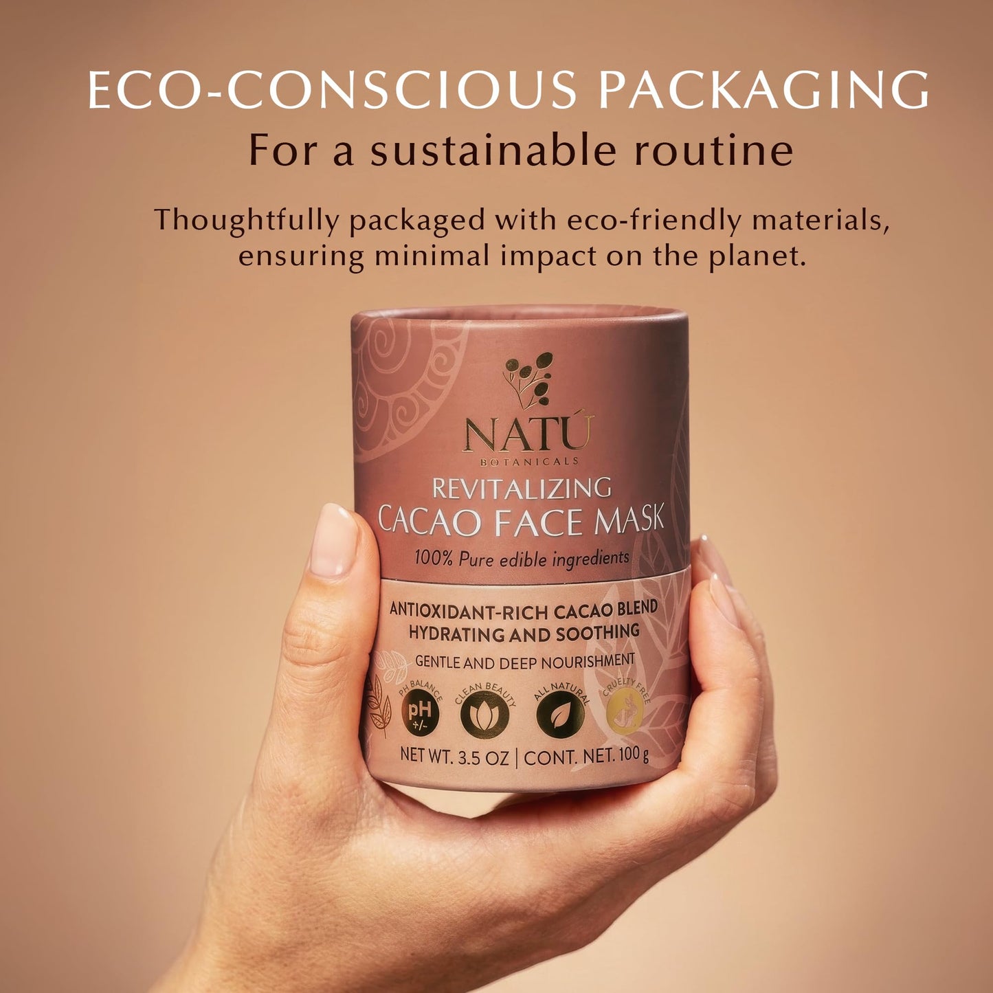 NATÚ BOTANICALS Revitalizing Cacao Hydrating Face Mask - Antioxidant Rich Moisturizing Facial Mask with Chocolate Scent - Pore Refinement, Hydrating & Soothing Face Masks for All Skin Types, 3.5oz