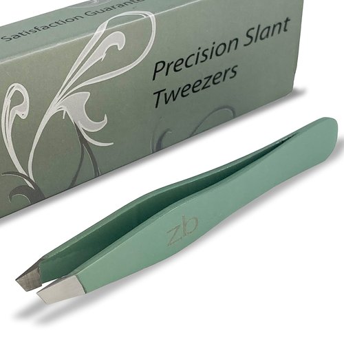 Tweezers – Surgical Grade Stainless Steel - Slant Tip for Expert Eyebrow Shaping and Facial Hair Removal – with Protective Pouch (Sage)