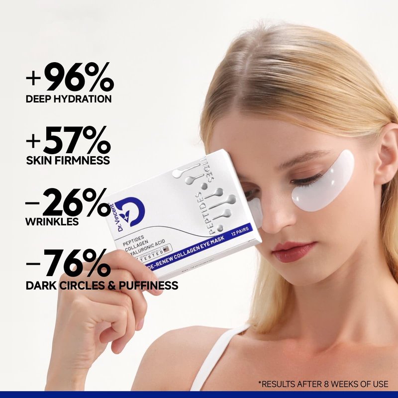 Dr Vincent Peptide Under Eye Patches, Firming Eye Patches Instant Reduces Dark Circles and Puffiness, Collagen Under Eye Mask for Bags Treatment, Wrinkles, 12 Pairs, Vegan