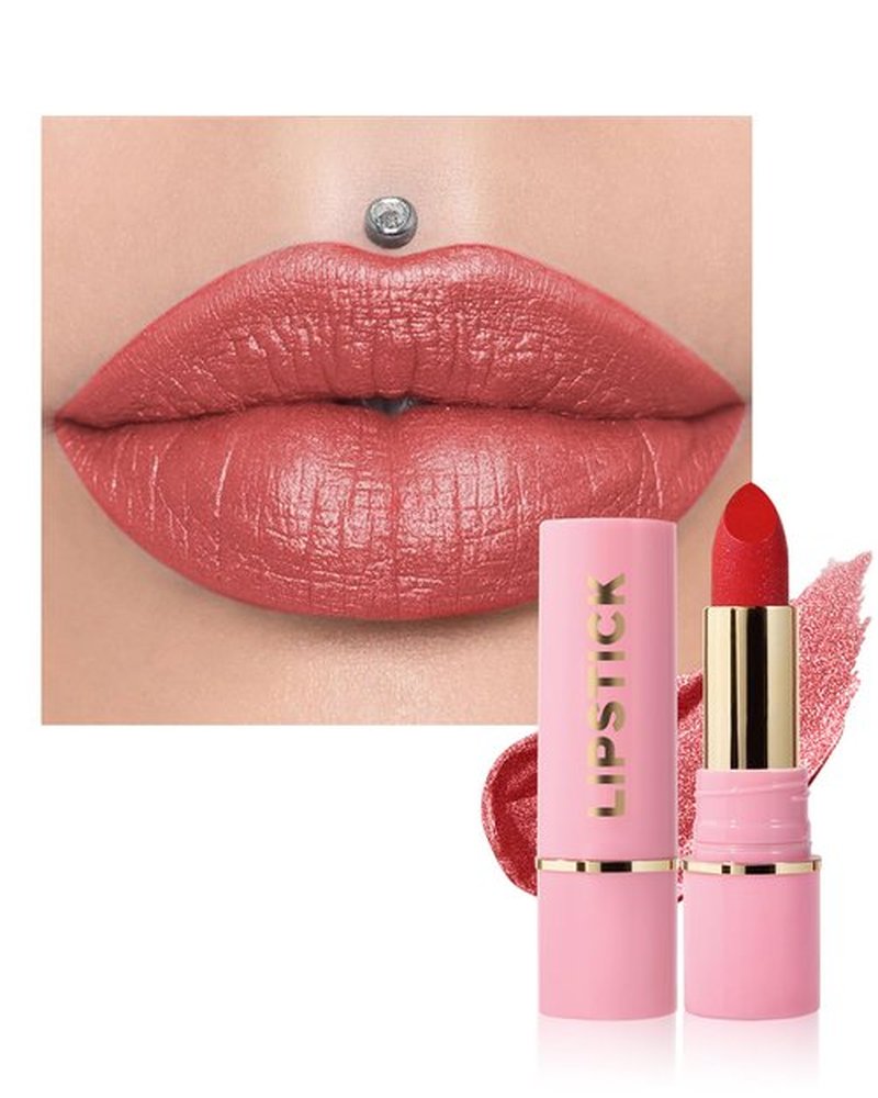Glitter Metallic Ruby Red Shimmer Lipstick Long Lasting, High Shine Glitter Diamond Creamy Nude Lipstick Transfer Proof Non-Stick Lip Gloss Shimmer High Impact Full Coverage Lip Makeup for Women-04
