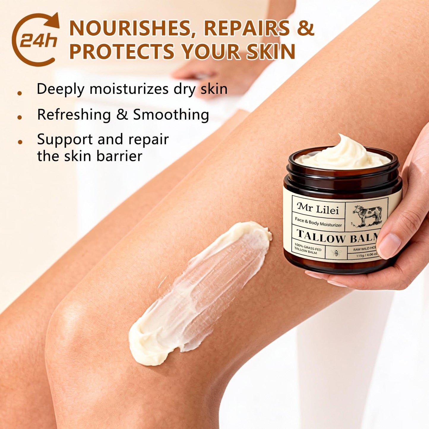 Lilei Beauty Beef Tallow for Skin, Grass-Fed Beef Tallow and Honey Balm, Whipped Body Butter & Face Moisturizer, Unscented Body Cream, Soothes Dry & Sensitive Skin