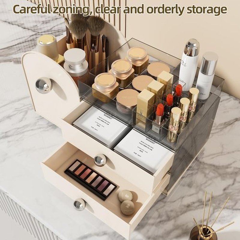 Makeup Organizer with Drawers,High-Capacity Skincare organizers,Makeup Brushes Holder,Make up organizers for Vanity,Cosmetic Display Cases,Bathroom Countertop Organizer(Cream)
