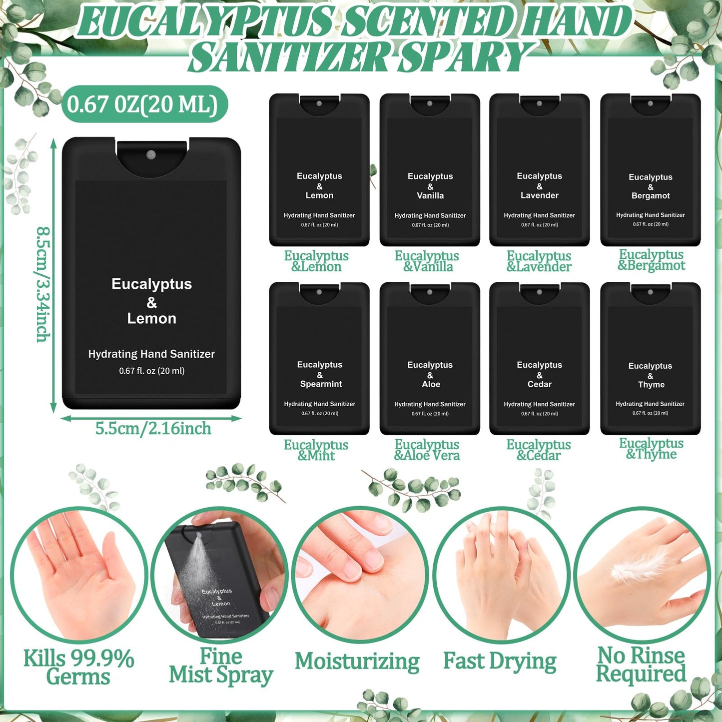 Dansib 24 Pack Hand Sanitizer Spray Bulk Travel Size Hand Sanitizer Employee Coworker Team Teacher Appreciation Gift Mini Pocket Spray Gifts for Women Student School Outdoor(Black,Eucalyptus Style)