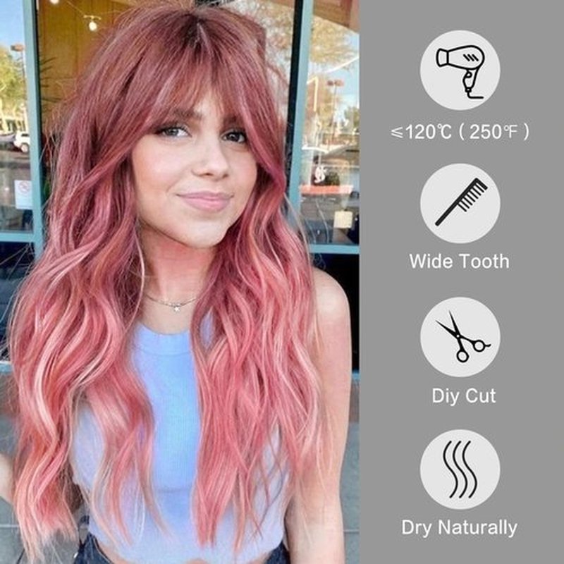 KOME Ombre Pink Wavy Wigs for Women,Long Wavy Wig with Bangs,Curly Natural Looking Synthetic Heat Resistant Fiber Wig for Party Cosplay Daily Use 26IN…