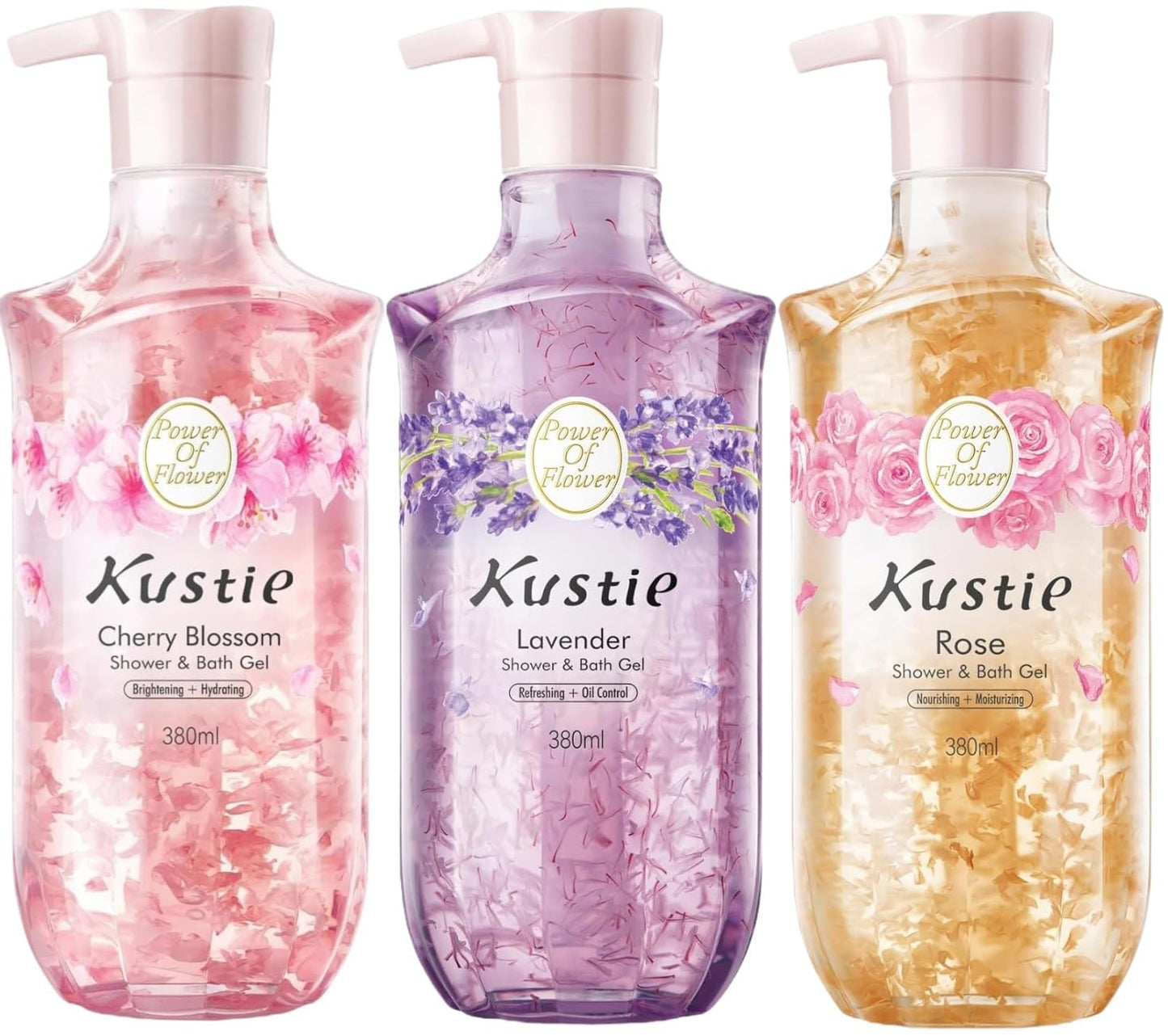 Kustie Natural Flower Petal Body Wash with Essential Oils, 24H Fragrance & Moisturizing Deep Cleanse Shower Gel for Sensitive & Dry Skin (12.8 Fl Oz (Pack of 3), Rose & Cherry Blossom & Lavender)