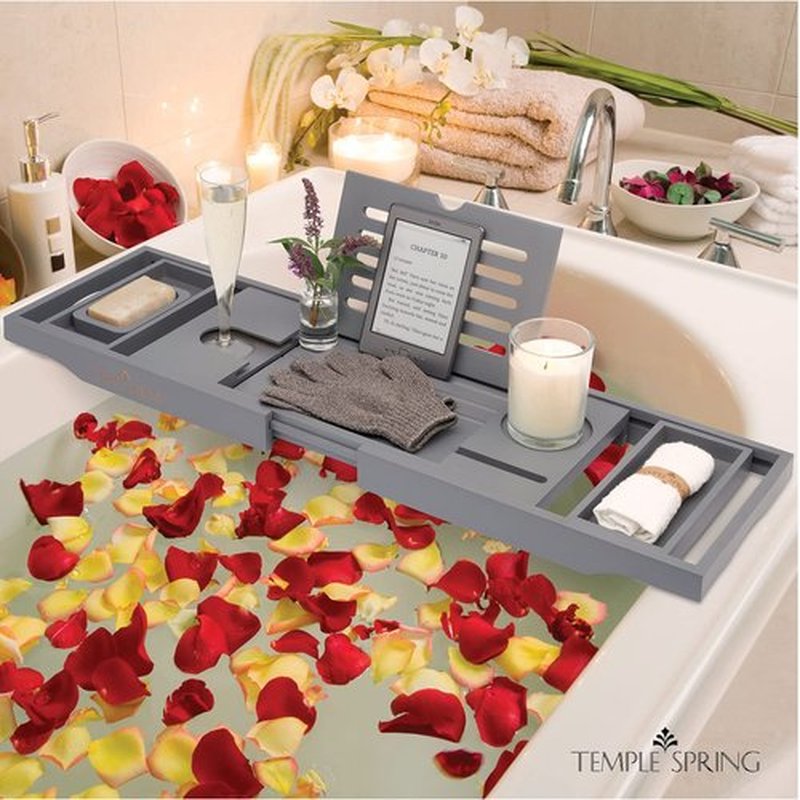 Temple Spring Bathtub Caddy Tray - Extendable Bath Tray for Bathtub with Candle, Wine Glass, Book, Pad & Phone Holders - Adjustable Bathtub Tray Over tub w/Bathroom Accessories - Grey
