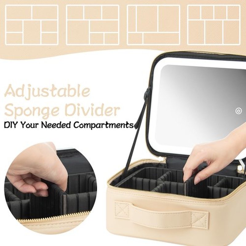 Extrei Gent Makeup Travel Train Case with Mirror LED Light 3 Adjustable Brightness Cosmetic Bag Portable Storage Adjustable Partition Waterproof Makeup Brushes Makeup Jewelry Gift for Women (Beige)