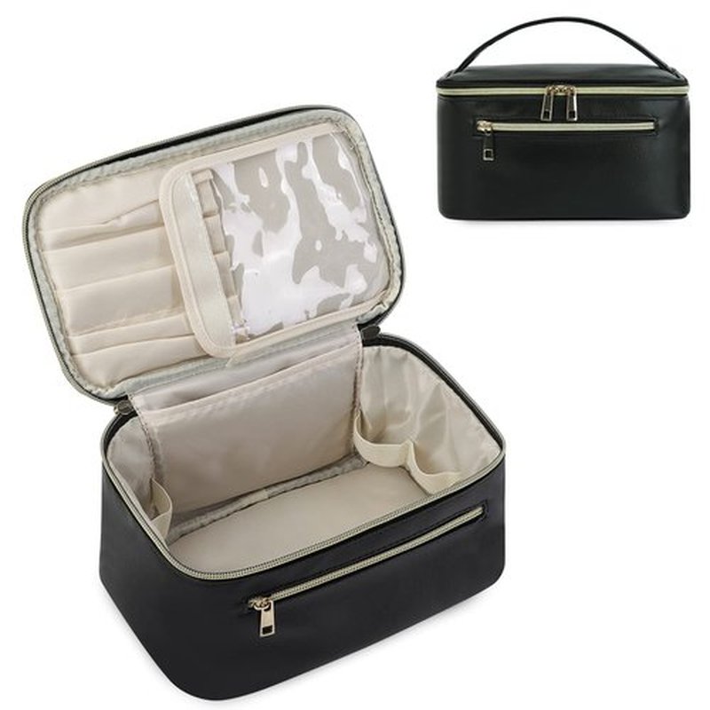 Wandering Nature Makeup Bag, Travel Make Up Organizer Cosmetic Brush Bags Case for Women in Vegan Leather, Black(Patent Pending)