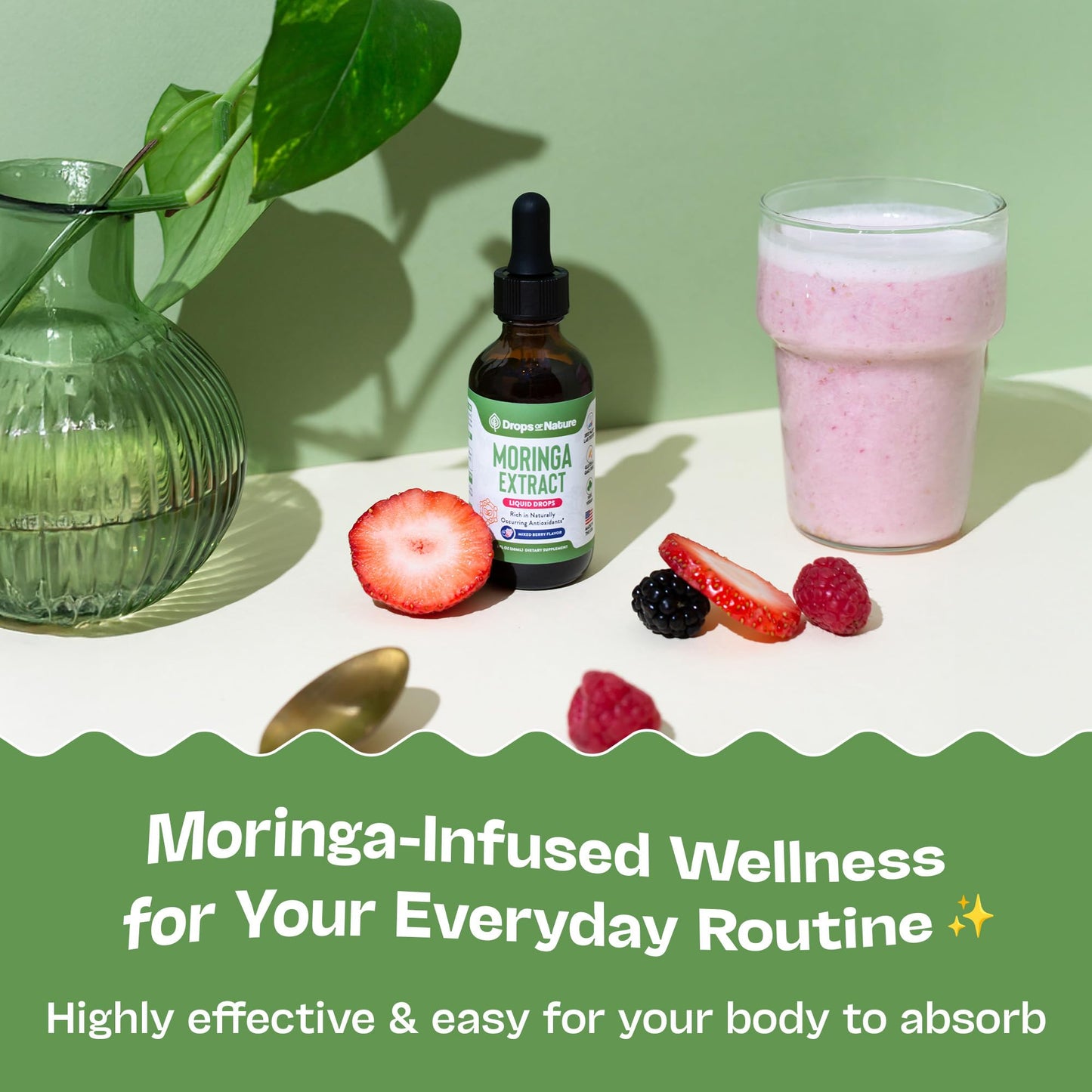 Moringa Liquid Drops Supplement – Vegan, Gluten Free – Greens Superfood Powder & Moringa Capsules Alternative – Mix with Tea Drinks – Packed with Antioxidants for Natural Vitality (Mixed Berry, 60 mL)