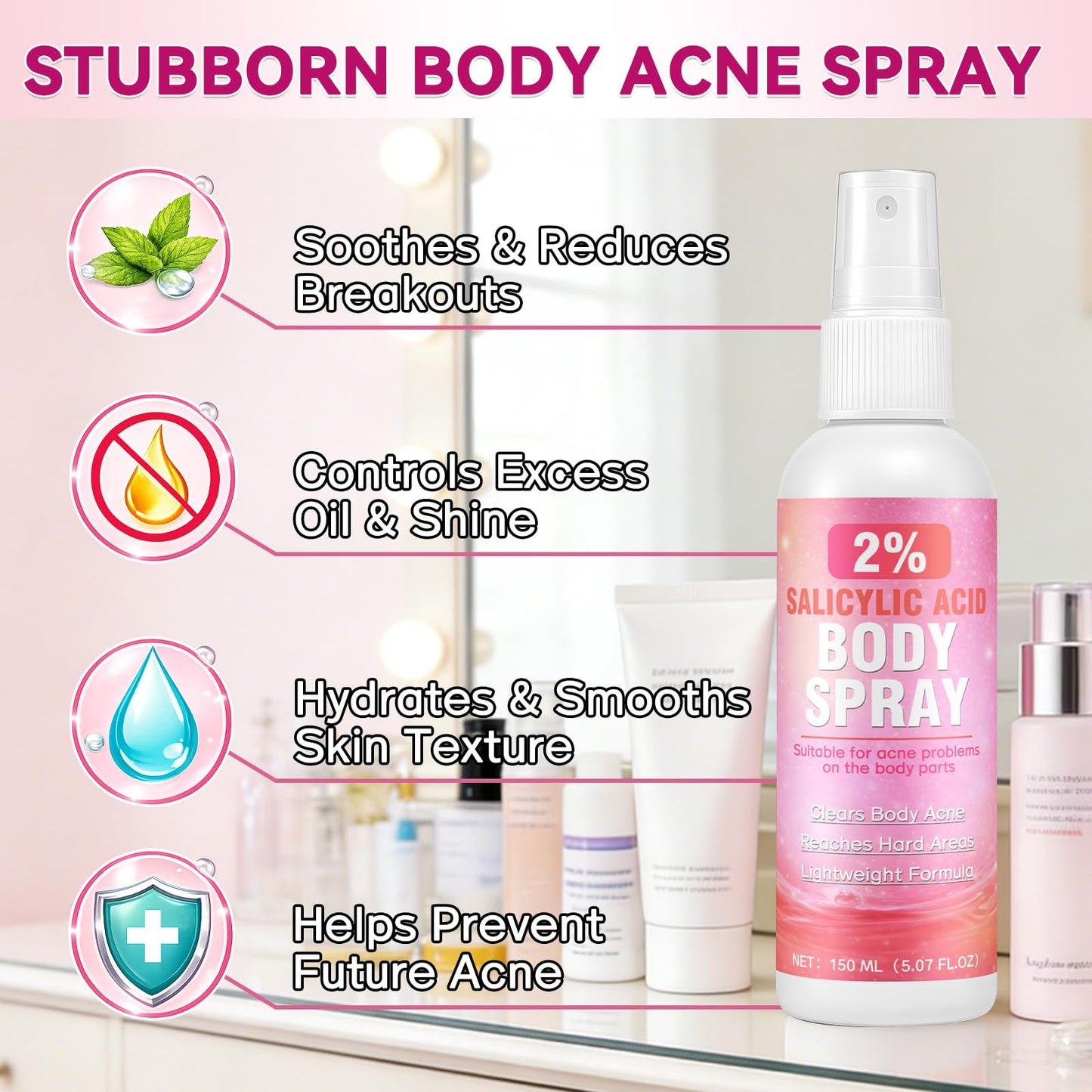 2% Salicylic Acid Spray, 360°Acne Spray, Targets Blemishes, Blackheads, Reduces Body Breakouts, Pore Clarifying, Ideal for Back, Chest, Shoulders, All Skin Types, 5.07 fl.oz