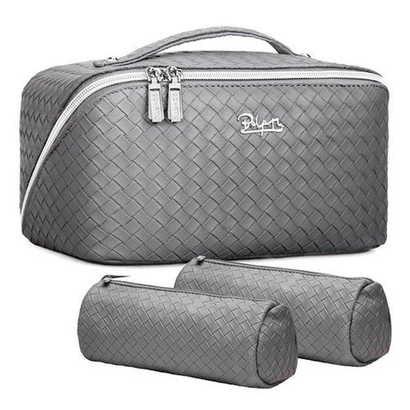 Travel Makeup Bags Cosmetic Organizer Bag: Large Capacity Make up Bag Set of 3 - Vegan Leather Toiletry Bag for Women - Portable Makeup Organizer with Compartments & Handle & Divider (01 Grey)