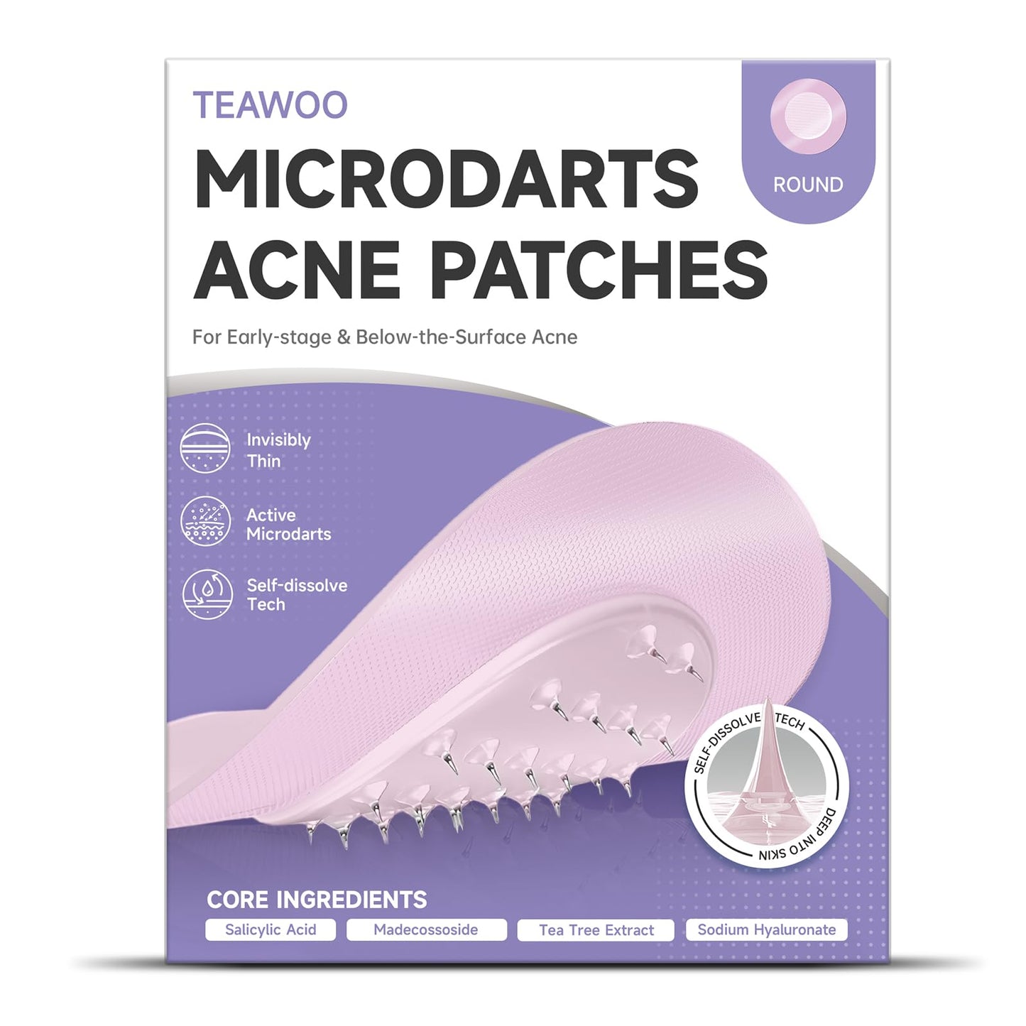 TEAWOO 36-Count Microdart Acne Patches, Cute Pink Round-shaped, Hydrocolloid Pimple Patches with Salicylic Acid & Madecossoside, Microdart Zit Patches for Deep Blemishes & Early Stage Acne (Patented)