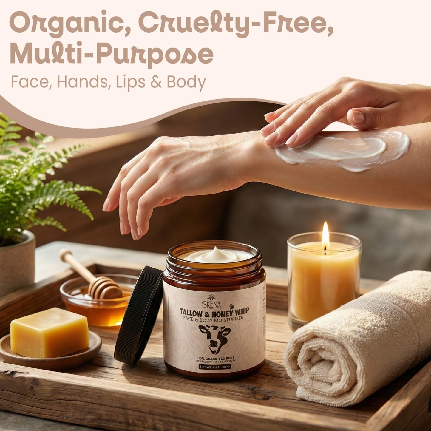 Grass-Fed Beef Tallow Moisturizer with Honey & Beeswax – Whipped Tallow Face Cream for Deep Hydration – Natural Face & Body Balm for Dry, Sensitive Skin – 4.2 oz for Men & Women