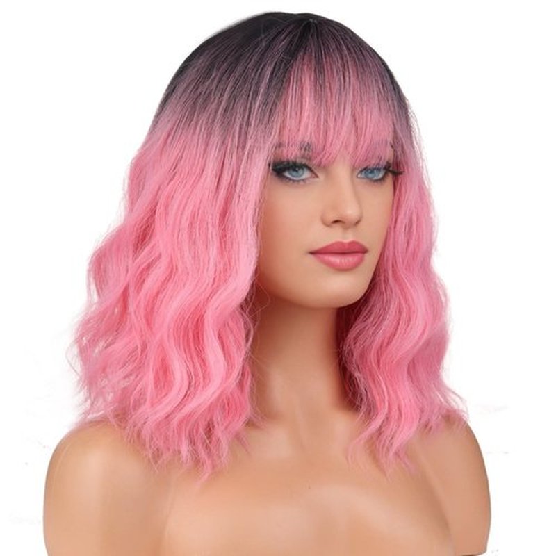 BERON 14 Inches Black Pink Ombre Wig Short Curly Wig with Bangs Pink Wig Synthetic Wigs Women Girls Ombre Wig with Wig Cap