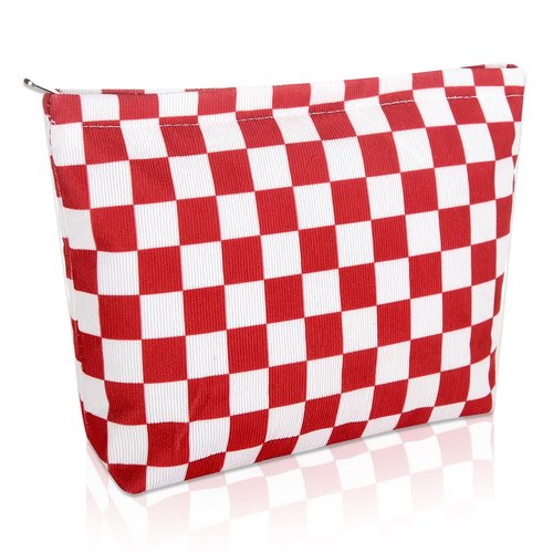 Wudimeitt Cosmetic bag Makeup bag Preppy Cute Corduroy Toiletry bag for women travel essentials (Plaid red)