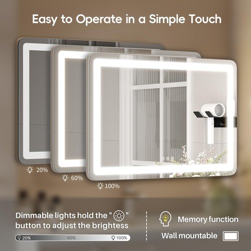ZL ZELing Vanity Mirror with Lights 32" x 23" LED Makeup Mirror with Lights, Dimmable 3-Color Lighting and 5X Magnification Mirror, Touch Screen Control, Wall-Mountable and Tabletop Design
