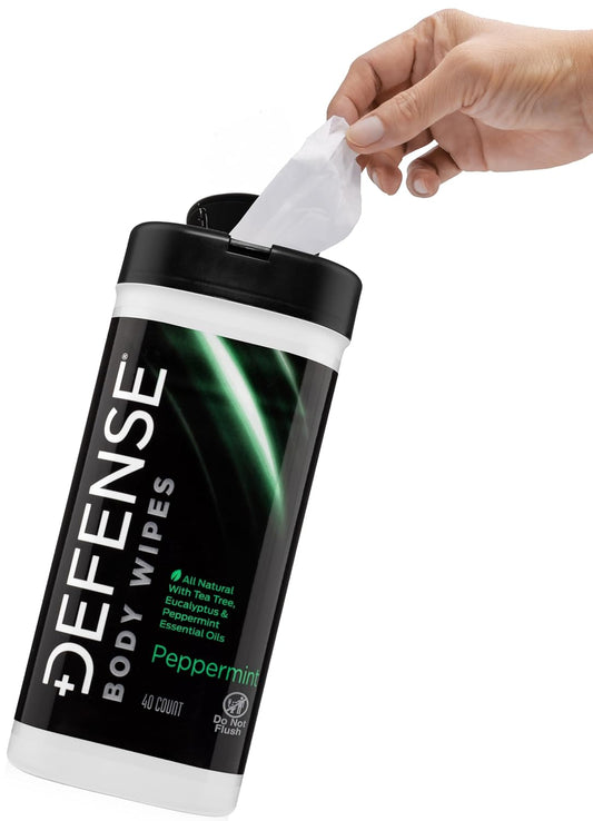 Defense Soap Peppermint Body Wipes - All Natural Tea Tree Oil Formula | 40 Count for Gym, Camping, and Post Workout