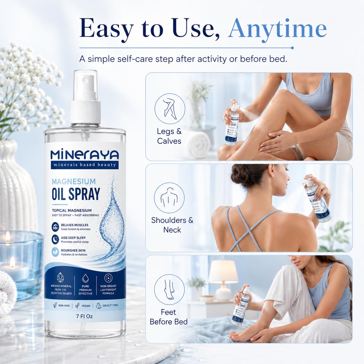 MINERAYA Magnesium Oil Spray 7 Fl Oz. Organic, Extra Strength Topical Magnesium Spray for Feet, Muscle Recovery & Sound Sleep