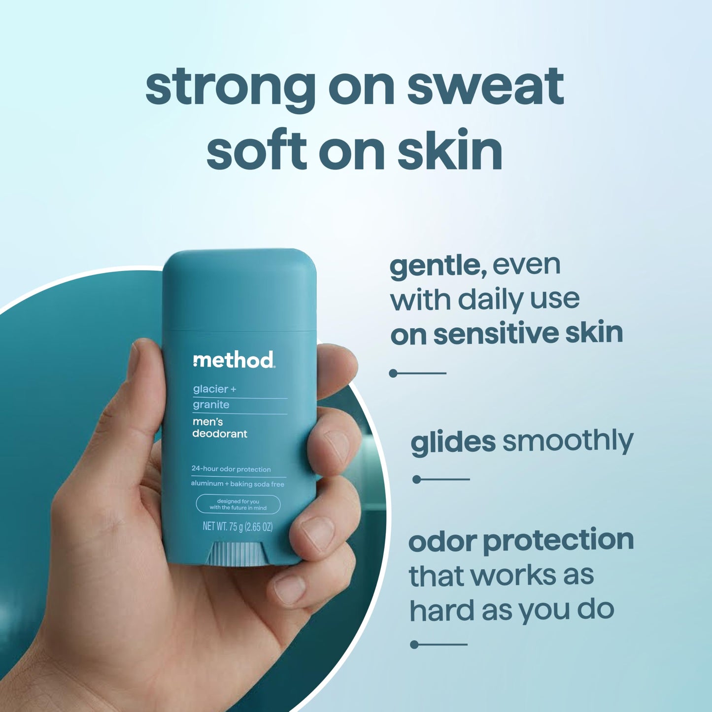 Method Men's Deodorant Stick, Glacier + Granite - 24-Hour Odor Protection, Aluminum & Baking Soda Free, for Sensitive Skin, Leaves No Residue, 2.65 oz