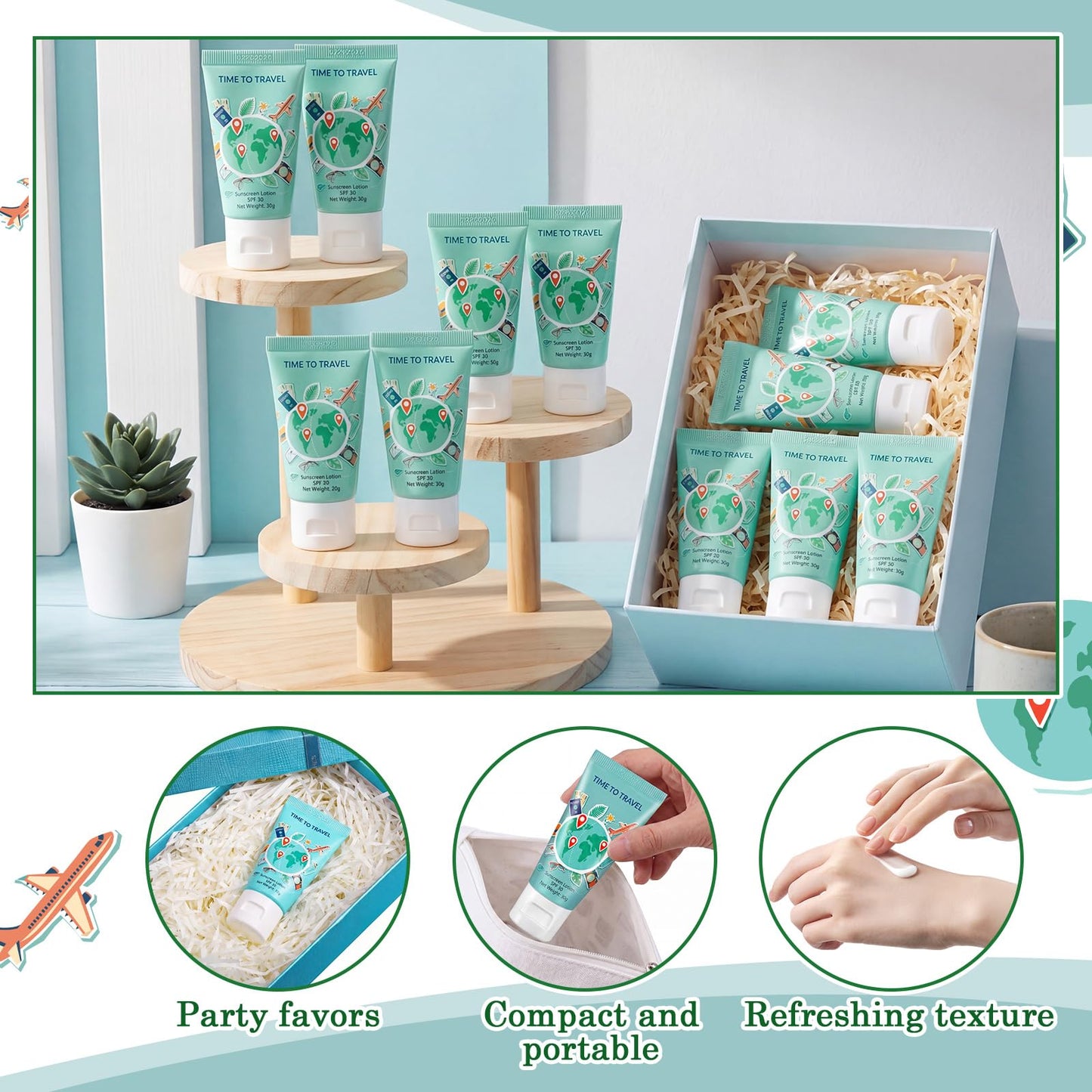 Leelosp 24 Sets Travel Themed Mini Sunscreen Bulk Gift for Adventure Begin Bon Voyage Around the World Favors SPF 30 Water Resistant Sunscreen Lotion 1 Oz Graduation Retirement Gift