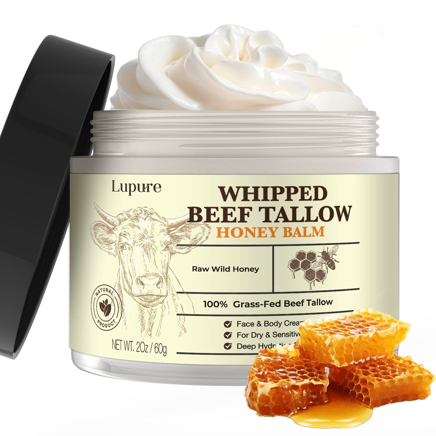 Lupure Beef Tallow Balm for Skin, Whipped Grass Fed Beef Tallow with Honey, Organic & All-Natural Face Moisturizer, Hydrating & Nourishing Balm for Dry Skin, Eczema Relief, Unscented, Non-Greasy, 2oz