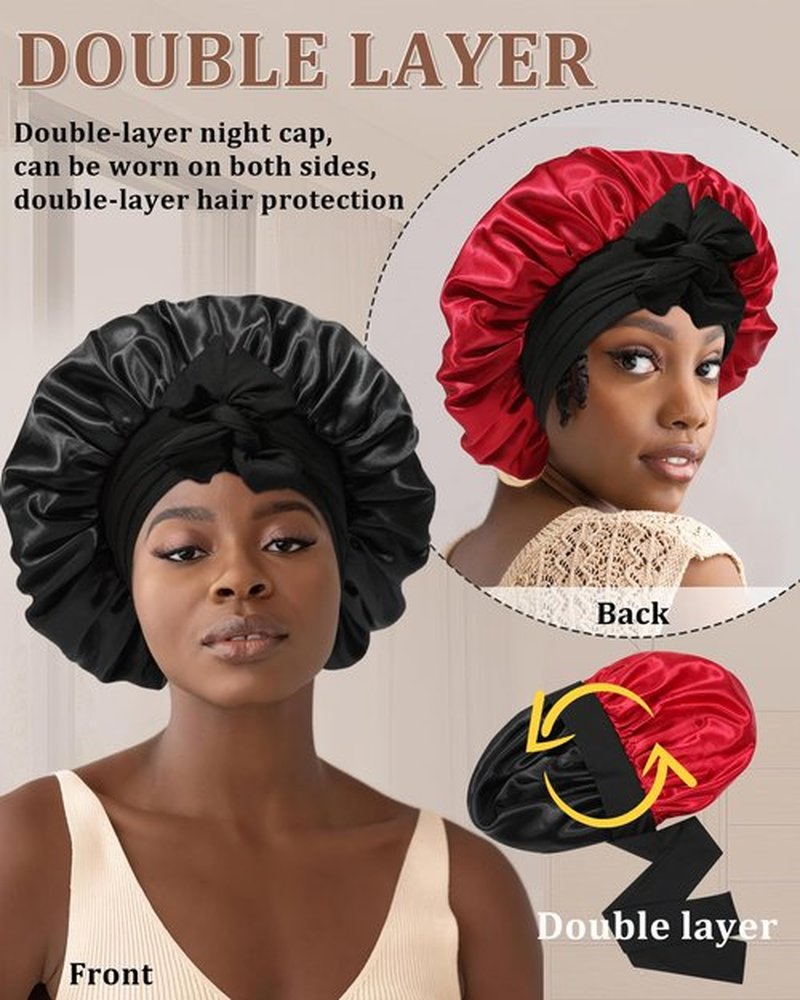 Reversible Satin Bonnet for Sleeping Women Silk Bonnet Double Layer Hair Bonnet with 2PCS Hair Scrunchies Elastic Tie Band Night Cap Hair Wrap for Natural Curly Hair (Black+Red)