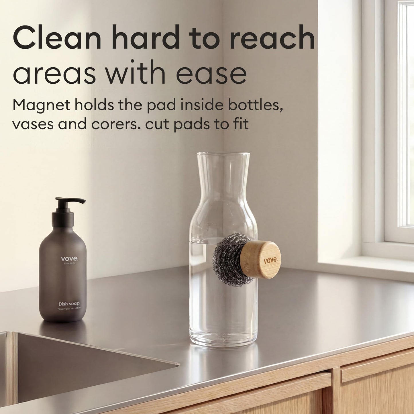 Vove Magnetic Scourer – Rust-Free Stainless Steel Scrubber with FSC-Certified Bamboo Handle, 3 Replacement Pads, for Cast Iron, Pots & Pans, Plastic-Free Zero Waste Cleaner