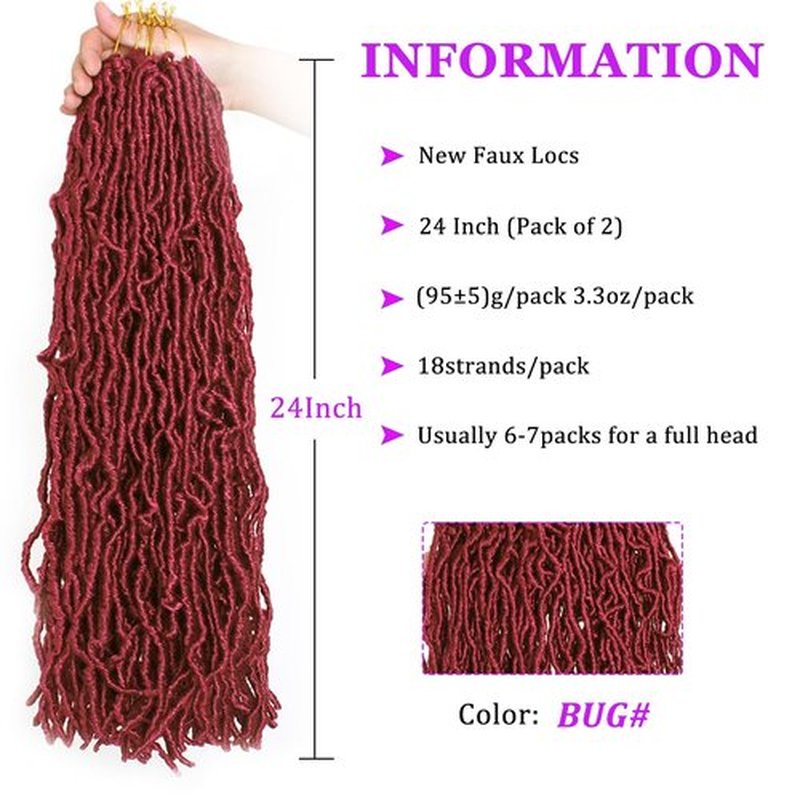 ZRQ 24 Inch New Faux Locs Crochet Braids Hair 2Packs Natural Soft Locs Pre-looped Goddess Locs Braiding Hair Red Burgundy Curly Wavy Faux Locs Crochet Synthetic Hair Extensions (24 Inch,bug#)