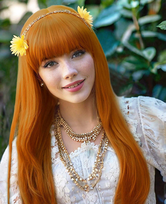 MaxlaceWig Ginger Wig with Bangs for Women, 28 Inch Long Straight Orange Bangs Wigs Natural Looking Synthetic Heat Resistant Fiber Guleless Straight Wig for Daily Party Use Halloween Cosplay Wig