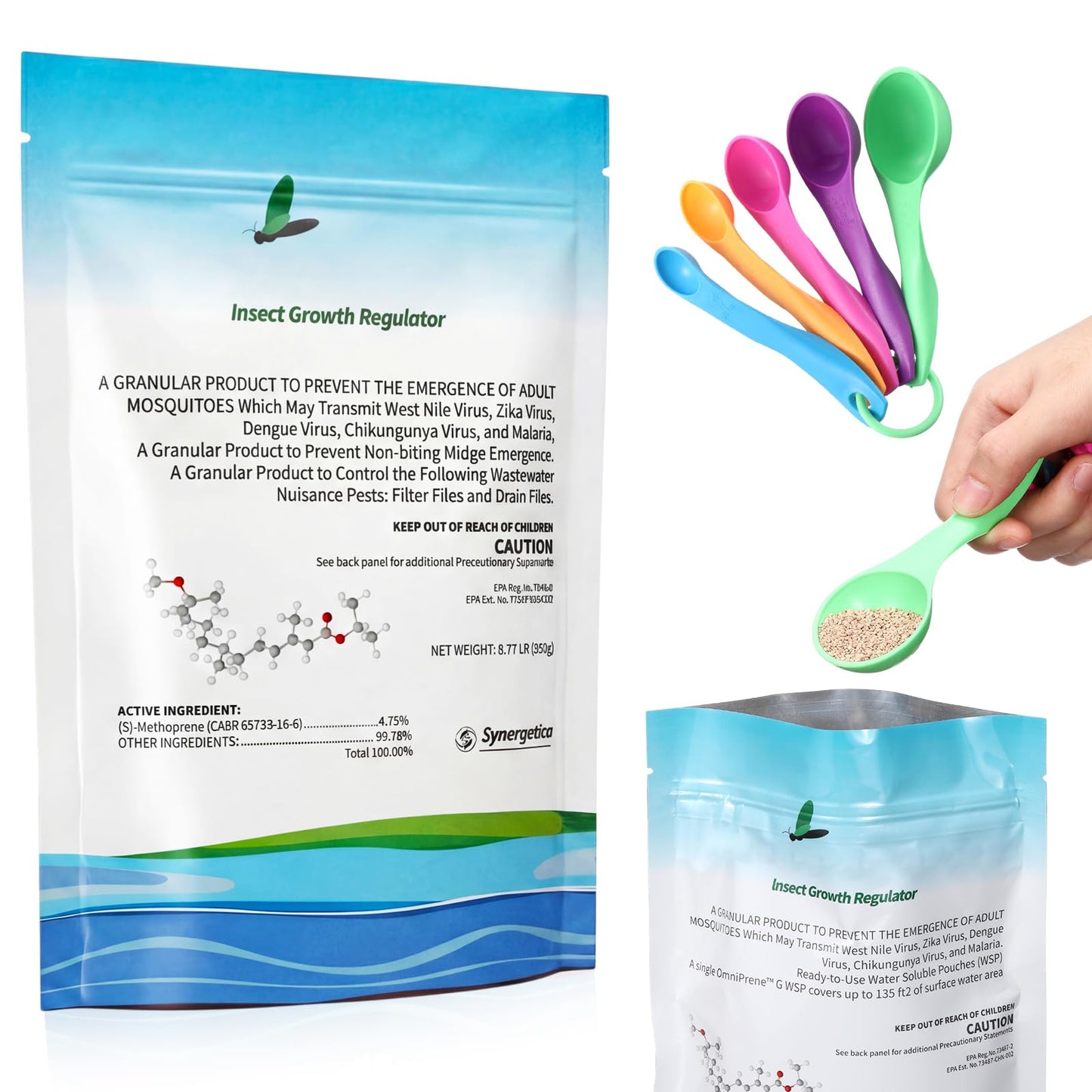 OmniPrene Mosquito Larvae Pouches Dissolves in Water with Measuring Spoon Treats Up to 46200 Gallon 4.25% S-Methoprene IGR Biological Control Won't Harm Fish Bird EPA Certified Rain Bath Pool 350g