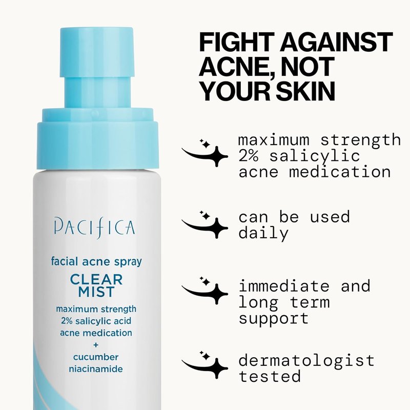 Pacifica Acne Treatment Facial Spray - Clear Mist with 2% Salicylic Acid & Niacinamide | Vegan, Dermatologist Tested