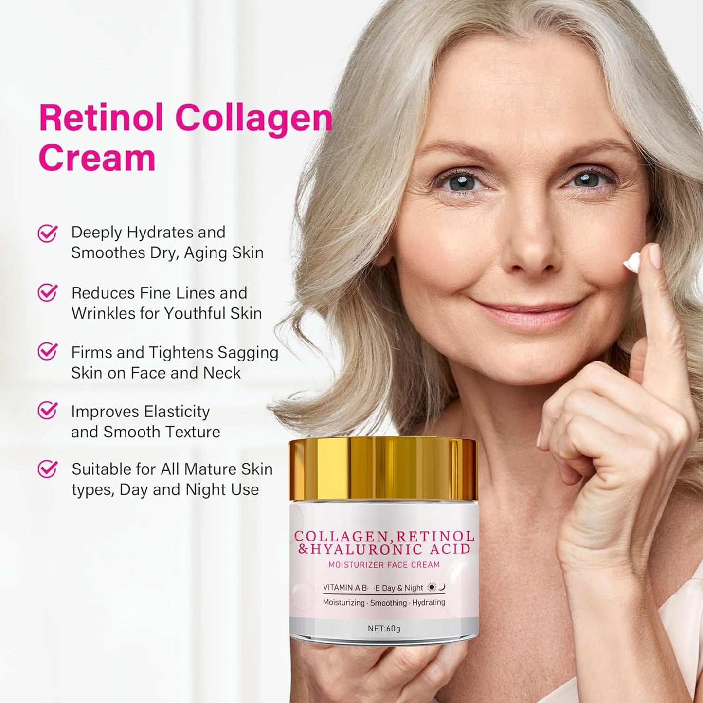Retinol Collagen Cream，Anti-Aging Facial Moisturizing Cream，Long-lasting Hydration & Moisturization，Reduce Fine Lines & Wrinkles，Leaving Skin Smooth，Suitable for All Skin Types，2.14 Fl Oz