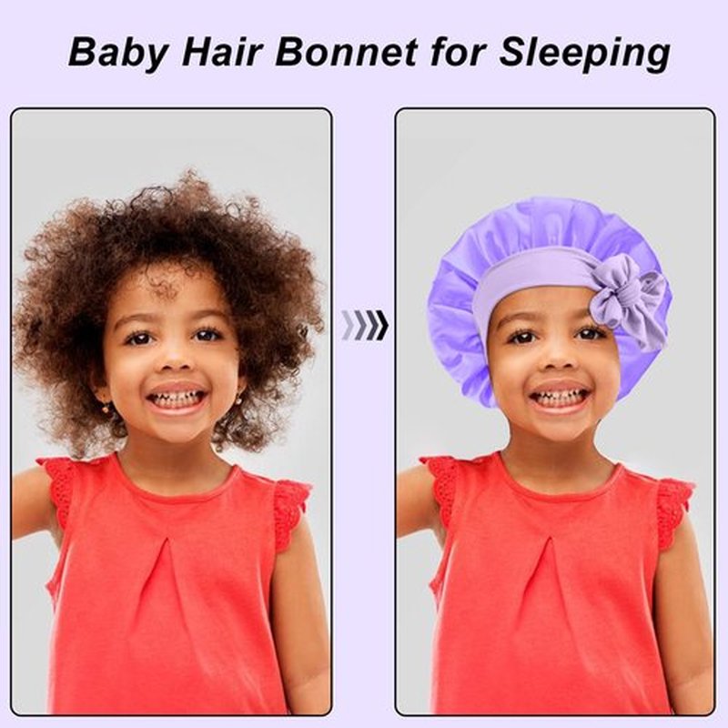 3Pcs Kids Silk Satin Bonnet for Sleeping - Baby Hair Sleep Bonnet,Kids Bonnets for Girls Toddler Child with Wide Elastic Tie Band,Sleep Cap Night Hair Hats for Curly Natural Hair(Purple+Blue+Gold)
