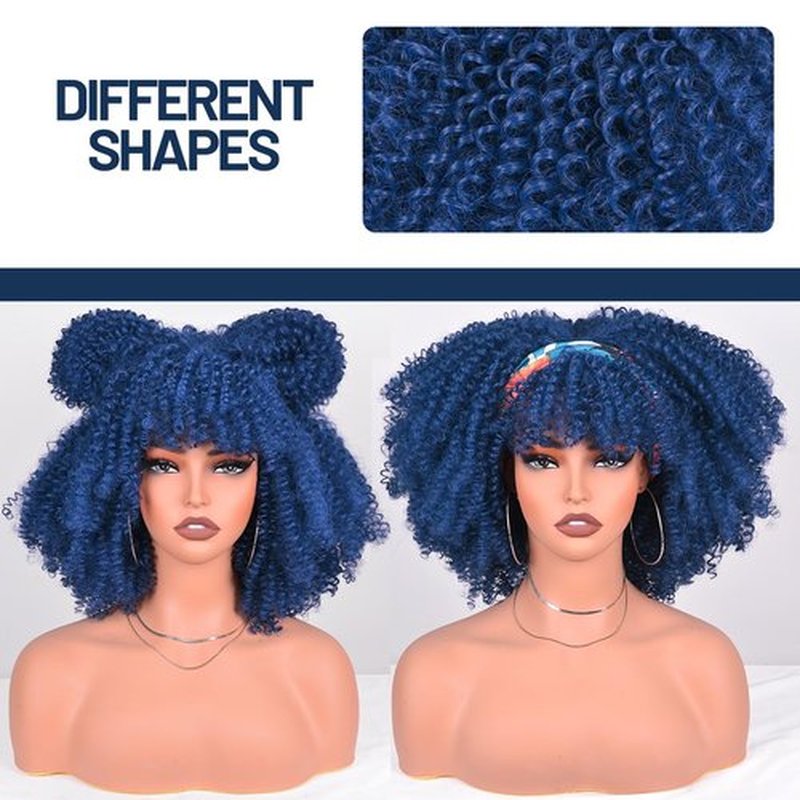 Vitorish Afro Curly Wigs for Black Women Afro Bomb Kinky Curly Wig with Bangs 12 Inches about 280g Fluffy and Soft Glueless Synthetic Hair Wig (Dark Blue)