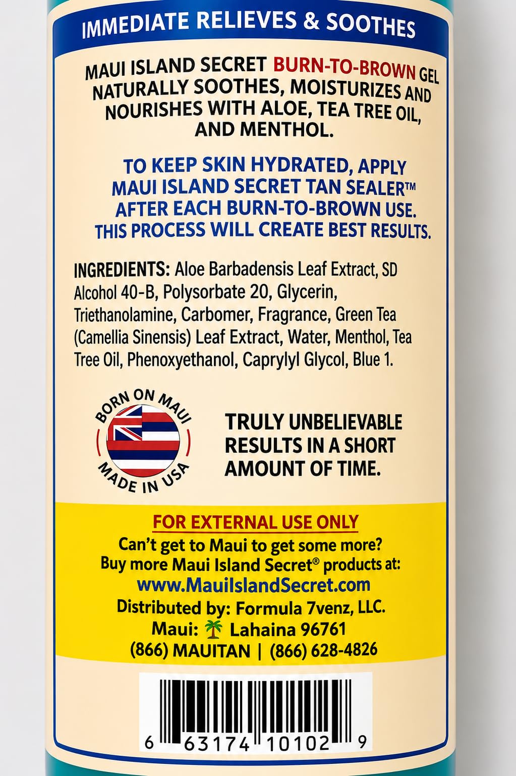 Maui Island Secret Burn to Brown Formula Aloe Sunburn Relief Gel, Soothing & Hydrating - Instant Cooling with Menthol & Tea Tree Oil 8 Oz. 1pack
