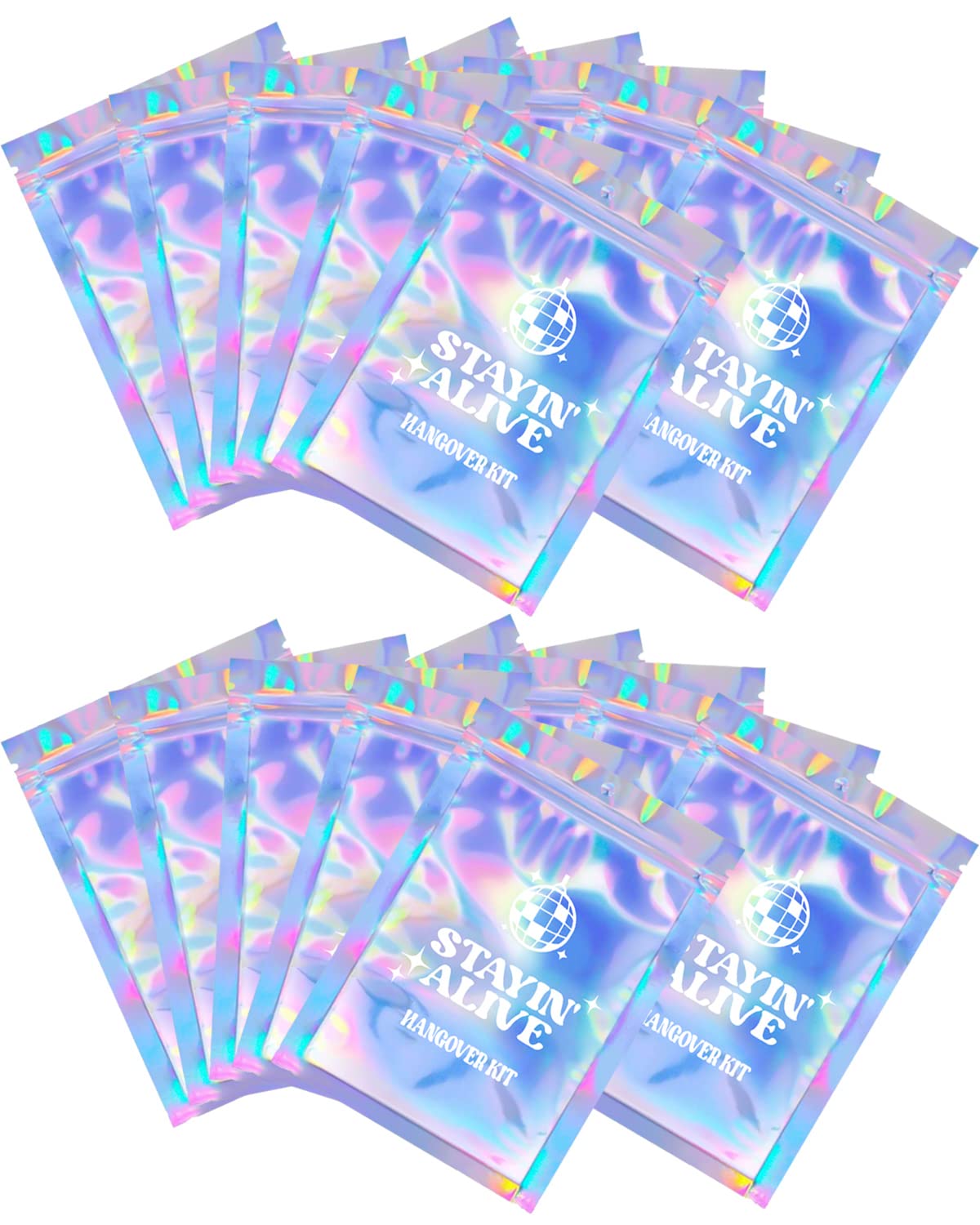 SILFGRLF Stayin' Alive Bachelorette Party Hangover Kits, Hangover Kit Bags – 20 Pcs Holographic Bags (5"x7") Bachelorette Party Supplies Last Disco Party Favors Printed