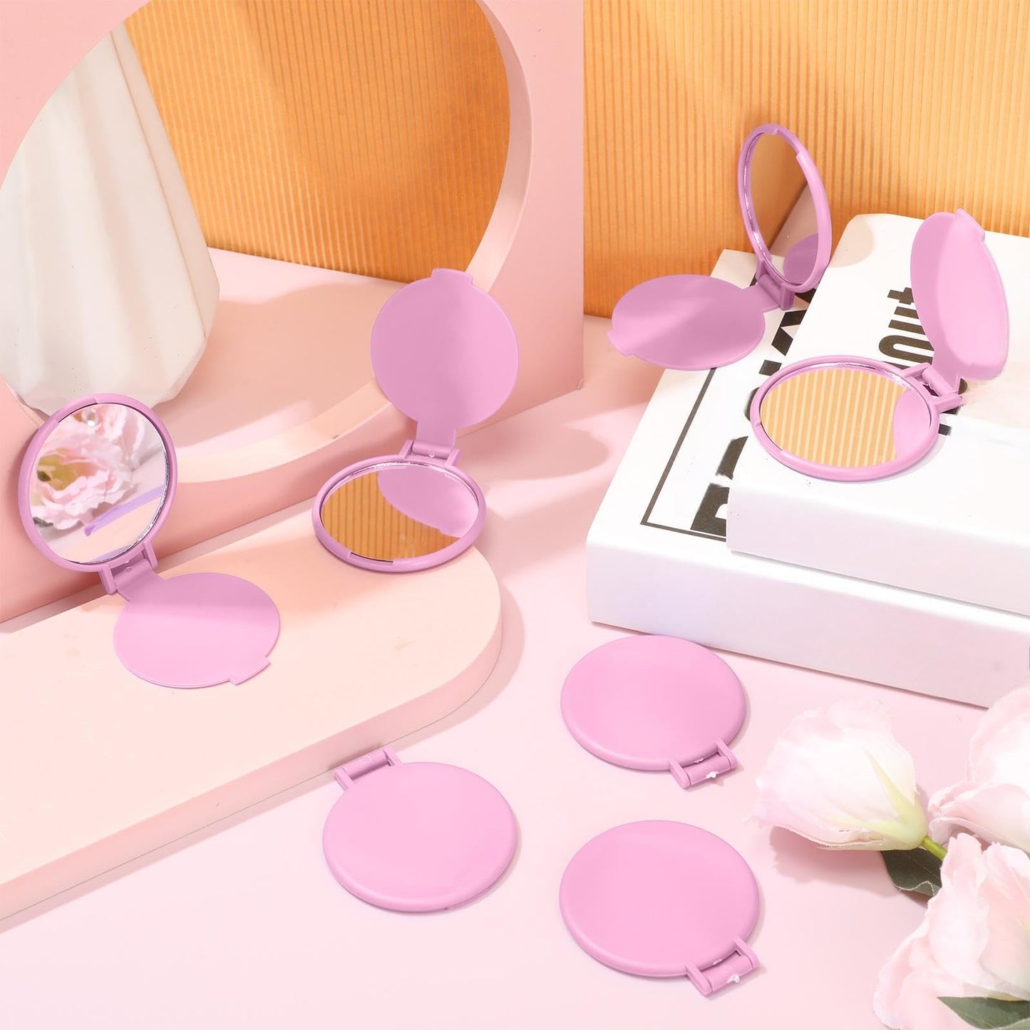 Saysurey 24 Pcs Mini Pink Compact Mirror Bulk for Women Small Round Portable Pink Mirror Makeup Folding Pocket Travel Accessories for Woman Bridal Shower Party Favor Coworker Nurse, 2.8 x 2.4 Inch