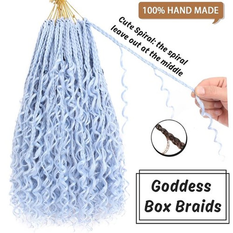 COOKOO 14 Inch Goddess Boho Box Braids Crochet Hair for Women 8 Packs Strands Synthetic Pre Looped Box Braids Curly Ends Knotless Ombre Braiding Hair (Light blue#)