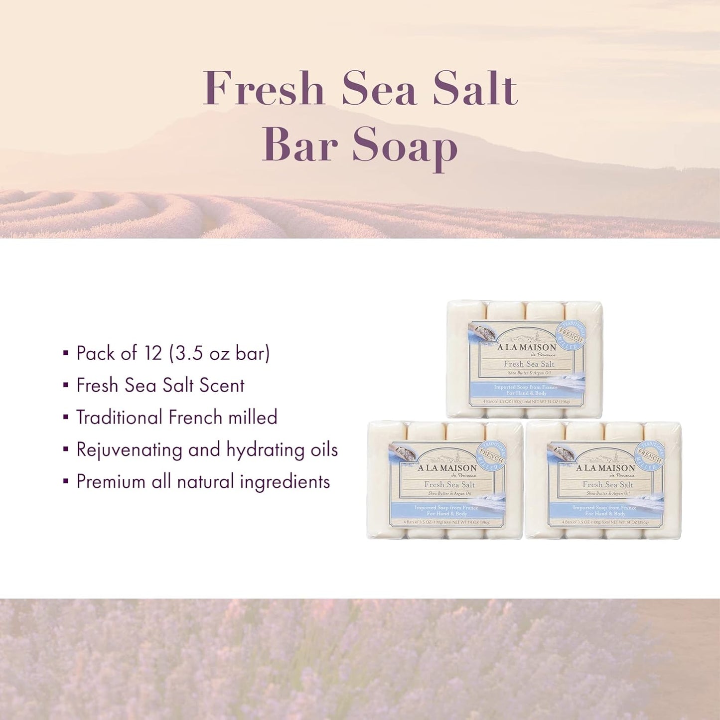 A LA MAISON Fresh Sea Salt Bar Soap - Uses: Hand and Body, Triple Milled, Essential Oils, Biodegradable, Plant Based, Vegan, Cruelty-Free, Alcohol & Paraben Free (12 Bars of Soap, 3.5 oz)