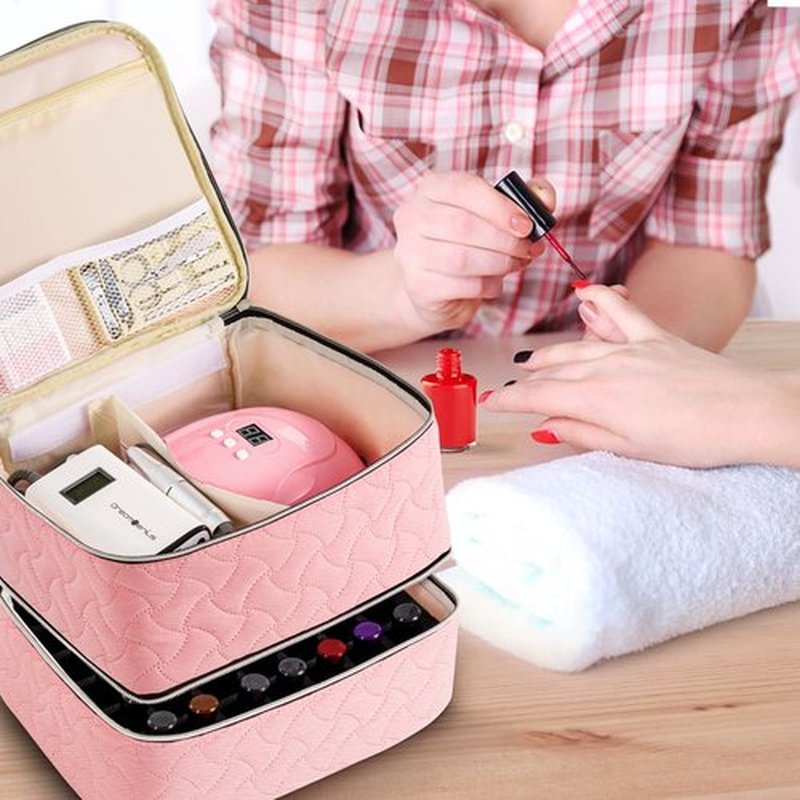 Nail Polish Organizer Case Holds 42 Bottles (15ml/0.5 fl.oz), Double-Layer Nail polish storage with Adjustable Dividers, Portable Nail Polish Bag for Nail Gel Nail Lamp and Manicure Tools, Pink